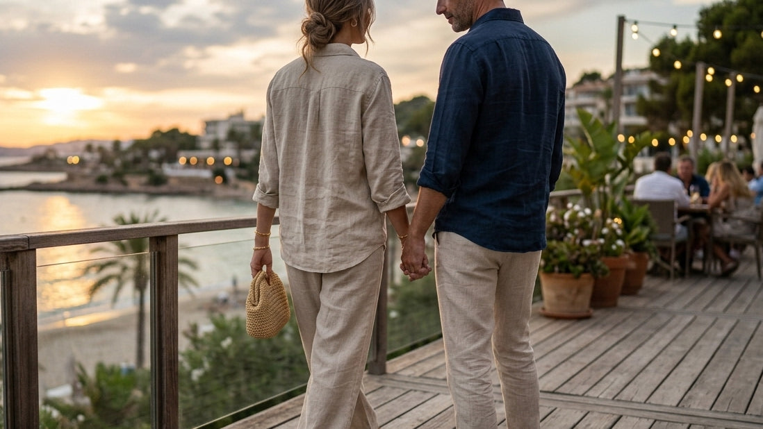Man in a linen shirt and linen trousers dressed smart casual for a resort evening