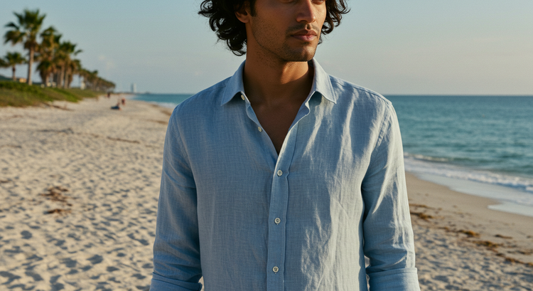 Man wearing linen button up shirt by organo