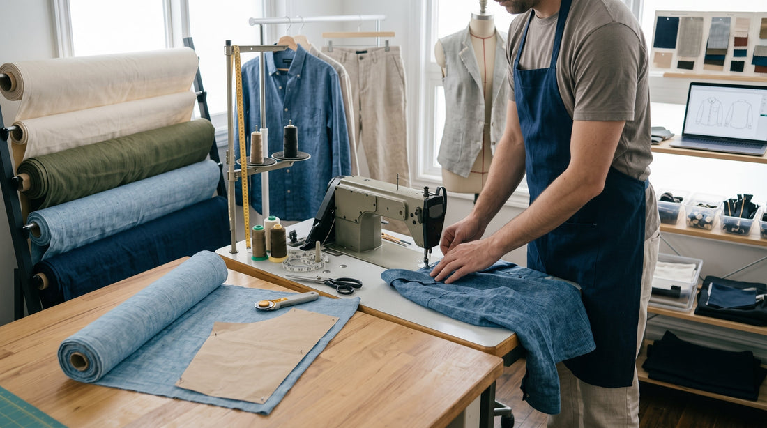 Linen fabric being cut to a pattern for a single made-to-order shirt