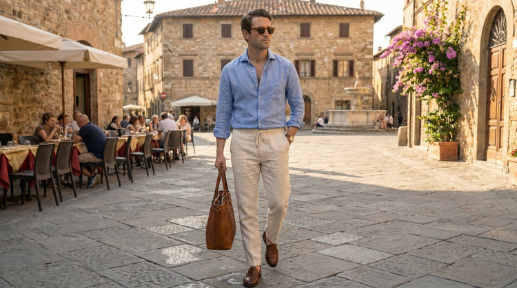 s Man wearing blue linen shirt and beige linen  trousers