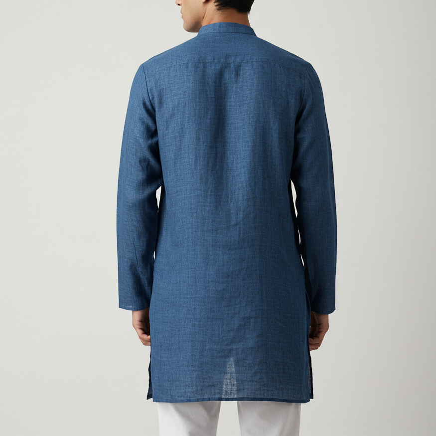 Man wearing a blue kurta against a plain background