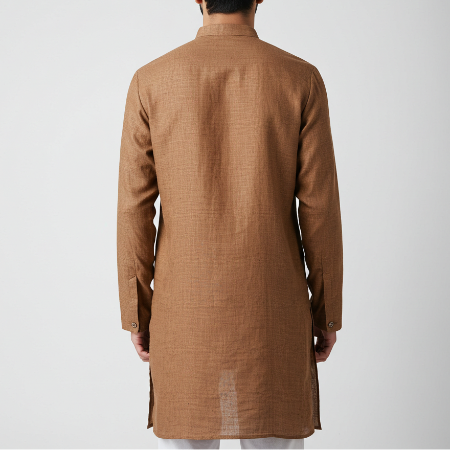 Man wearing a brown kurta against a white background