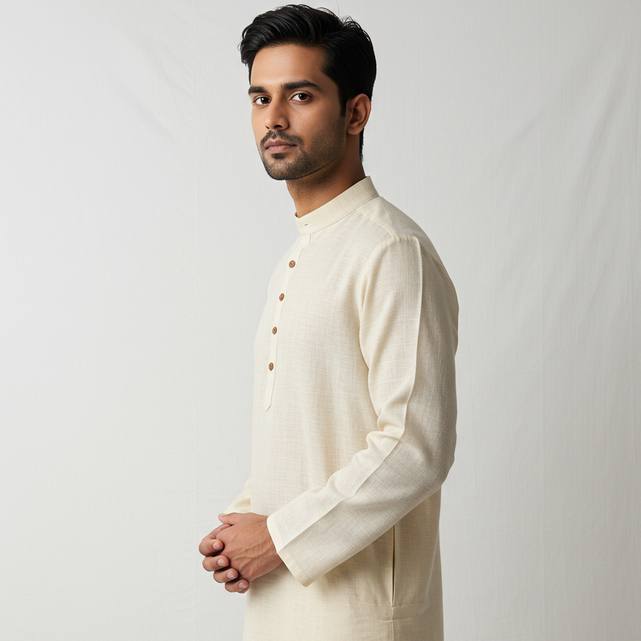 Man wearing a cream kurta against a white background