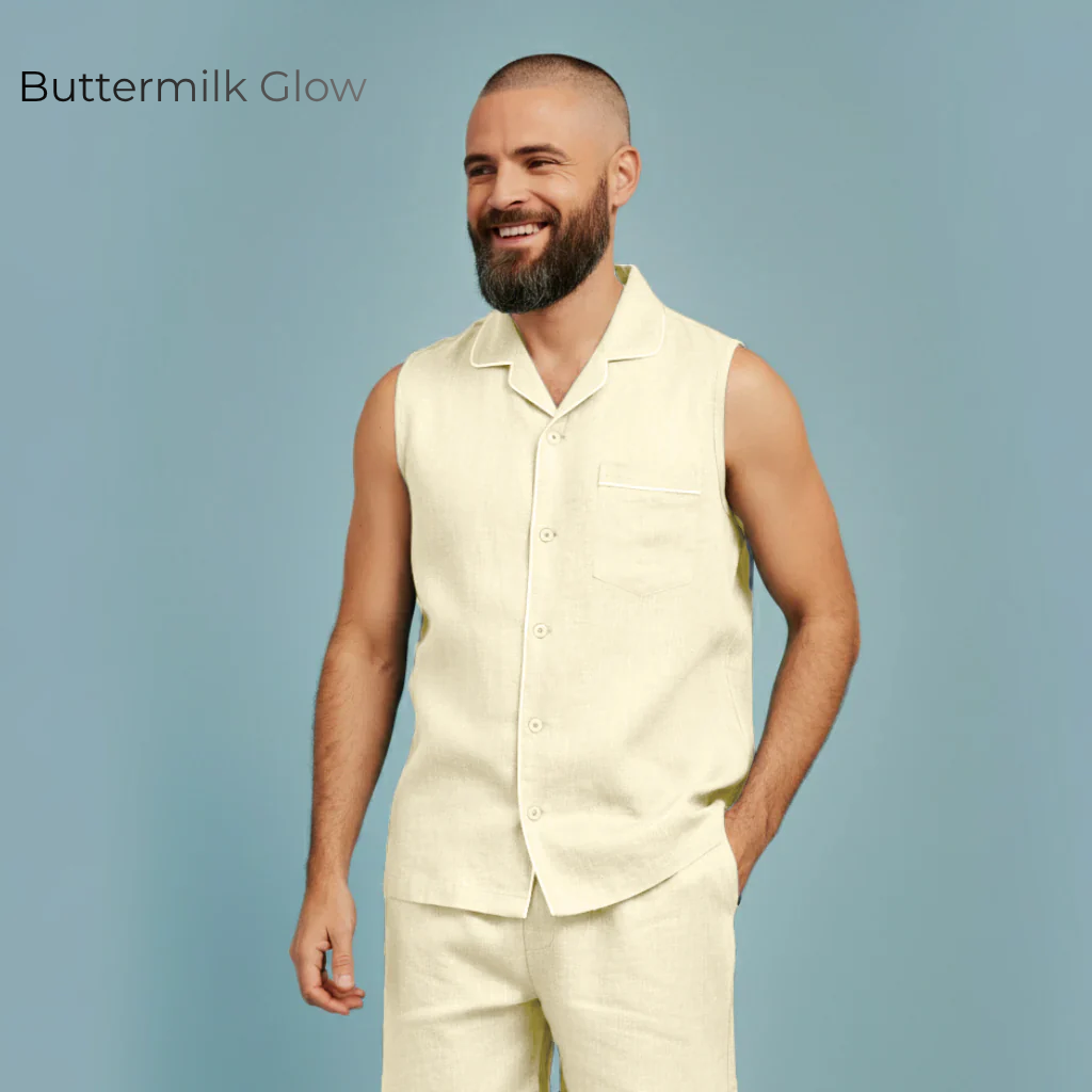 Men's Pure Linen Pajamas Sleeveless Top & Pants Set in Buttermilk Glow – Elio by OrganoLinen