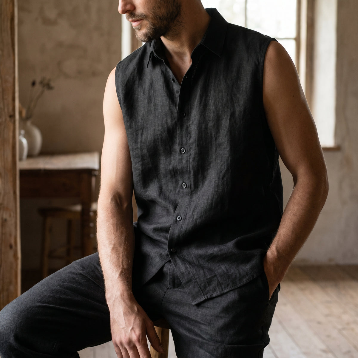 Men's Pure Linen Set in Black Motera – Drift by OrganoLinen