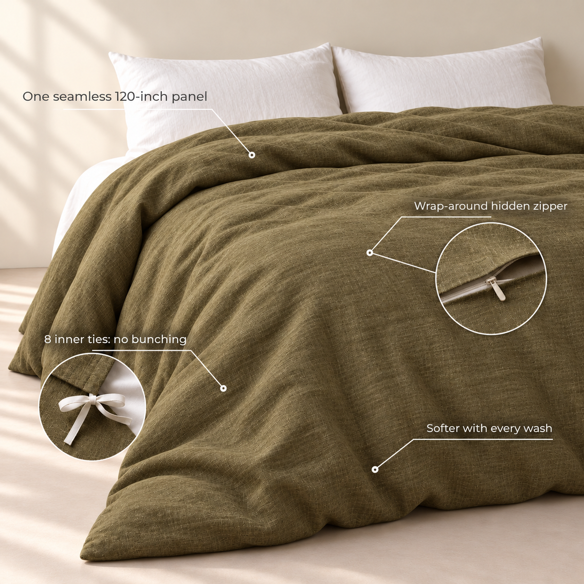 BILLOW Linen Duvet Cover – Seamless, Hidden Zipper & 8 Inner Ties