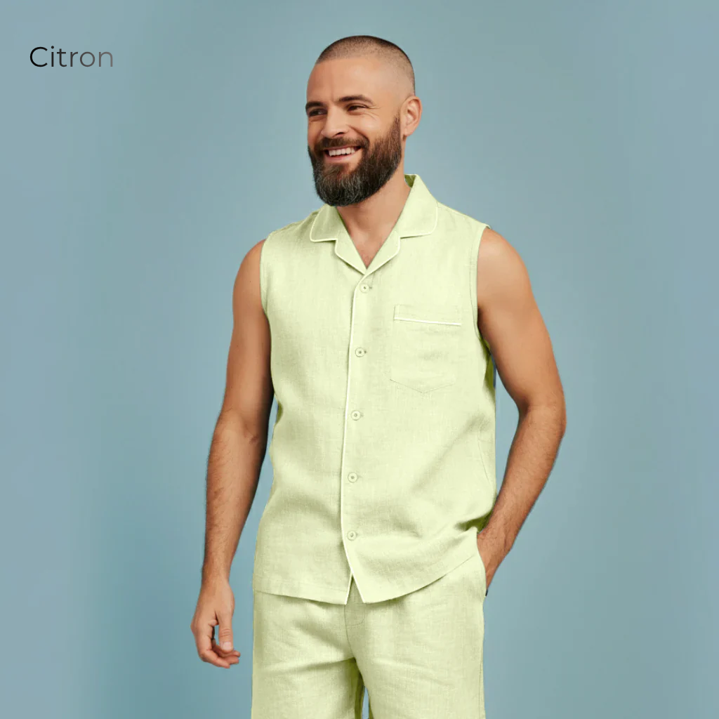 Men's Pure Linen Pajamas Sleeveless Top & Pants Set in Citron – Elio by OrganoLinen