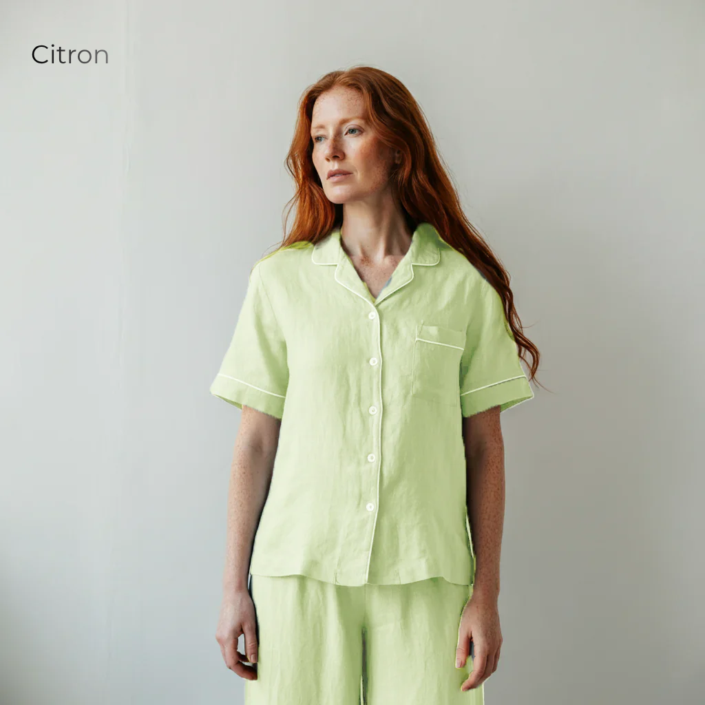 Women's Pure Linen Pajamas Short Sleeve Top & Pants Set in Citron – Nola by OrganoLinen