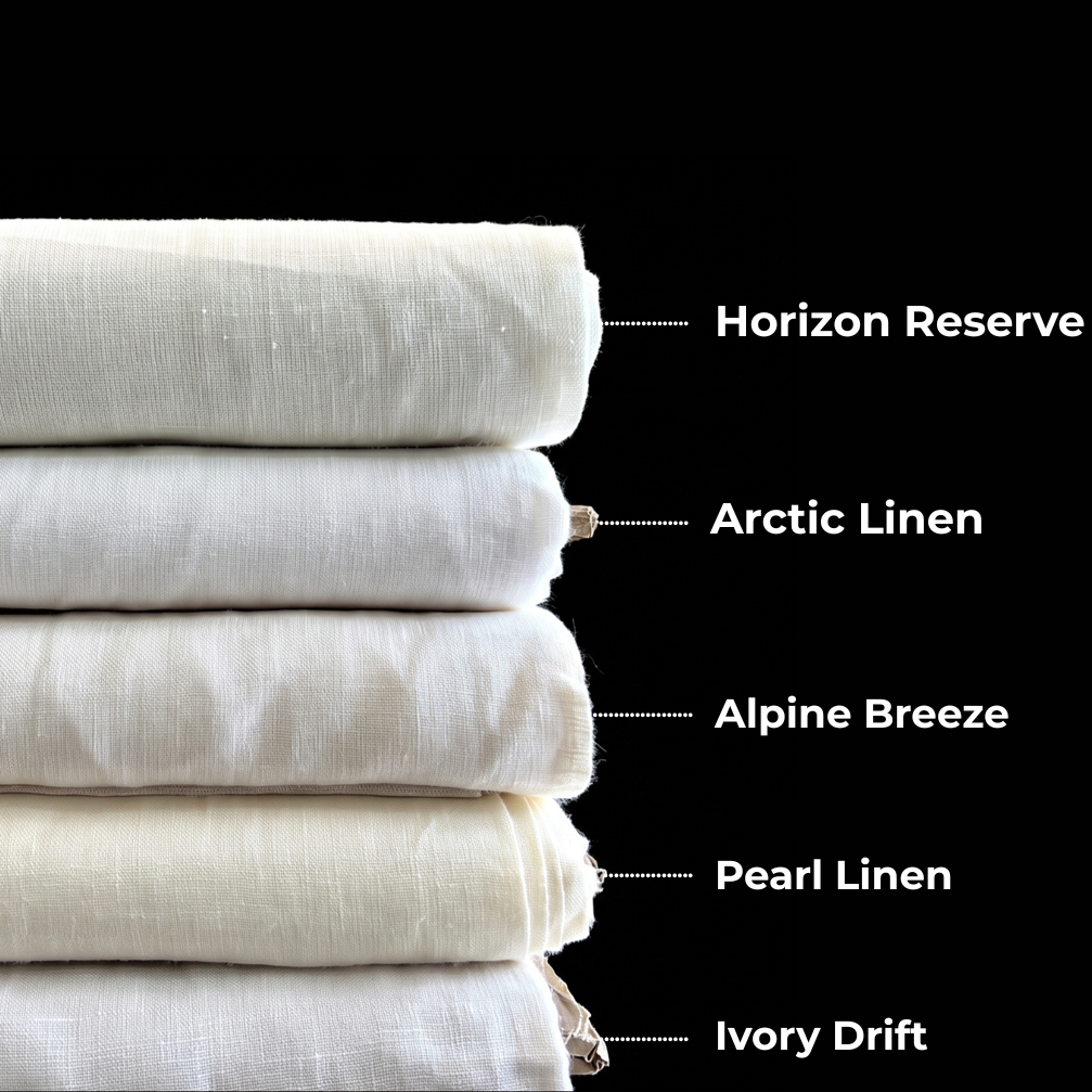 A vertical stack of five folded white and off-white fabric swatches on a black background, each labeled with a scent name: Horizon Reserve, Arctic Linen, Alpine Breeze, Pearl Linen, and Ivory Drift.
