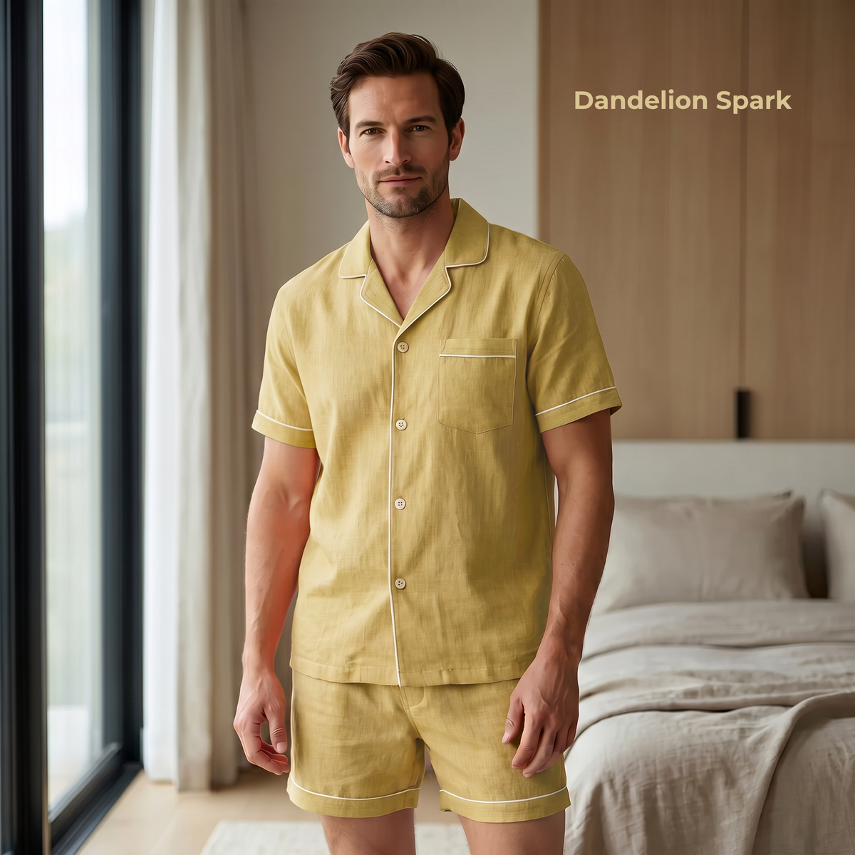 Men's Pure Linen Pajamas Short Sleeve Top & Shorts Set in Dandelion Spark – Theo by OrganoLinen