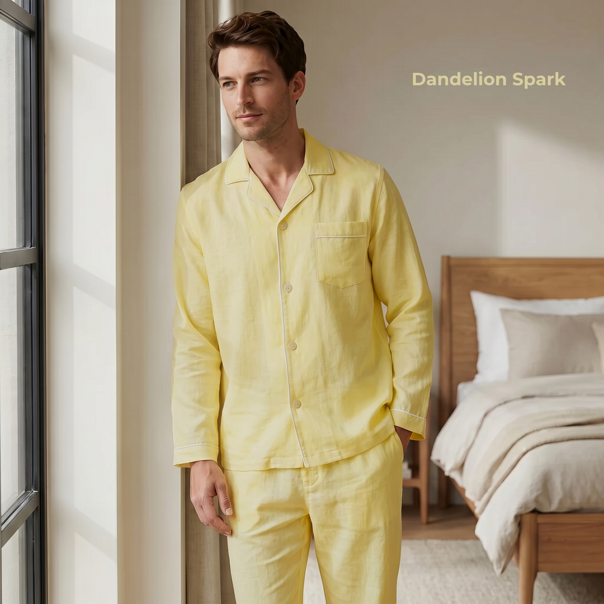 Men's Pure Linen Pajamas Full Sleeve Top & Pants Set in Dandelion Spark – Milo by OrganoLinen