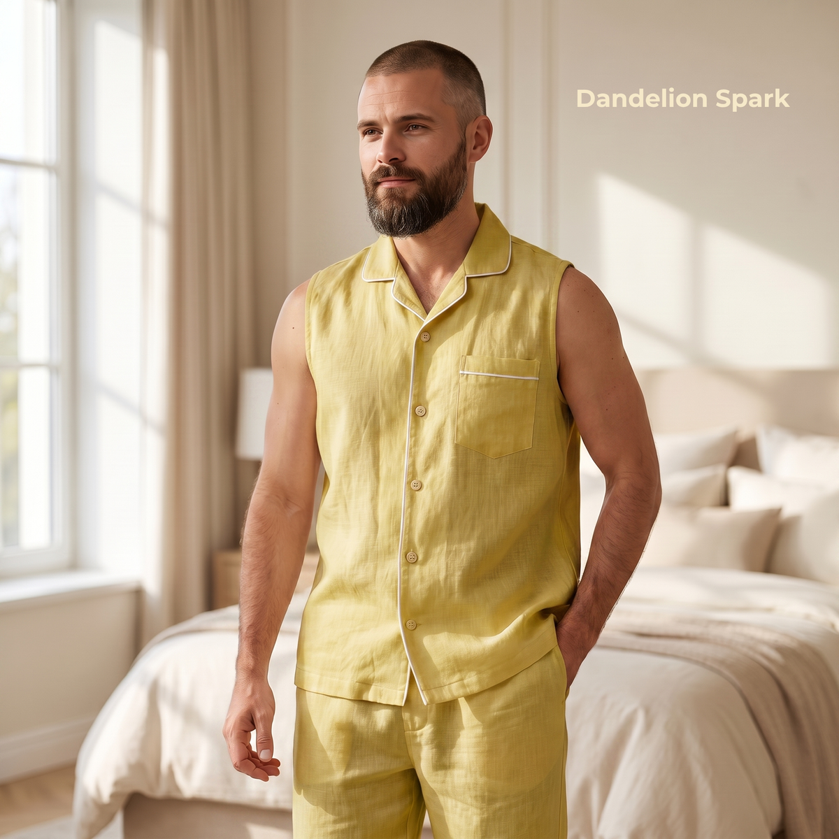Men's Pure Linen Pajamas Sleeveless Top & Pants Set in Dandelion Spark – Elio by OrganoLinen