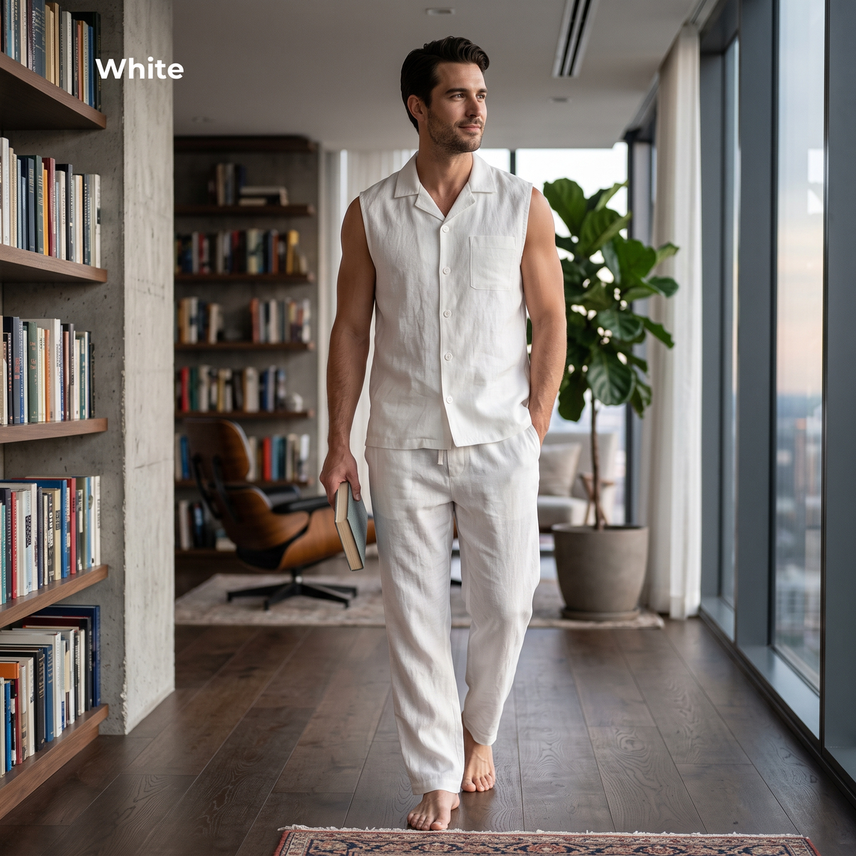 Men's Pure Linen Pajamas Sleeveless Top & Pants Set in White Nexa – Elio by OrganoLinen