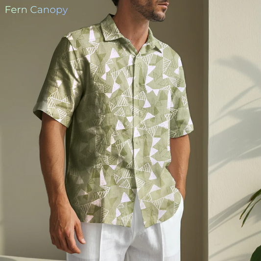FORESTWIND-MSS Men's Green Printed Linen Shirt – Short Sleeve, Custom Fit