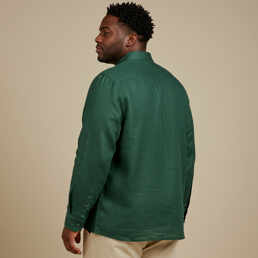 FOREST-PMLS Men's Plus Size Green Linen Shirt – Long Sleeve, Custom Fit