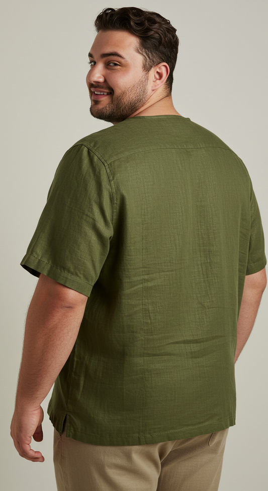 FOREST-PMSS Men's Plus Size Green Linen Shirt – Short Sleeve, Custom Fit