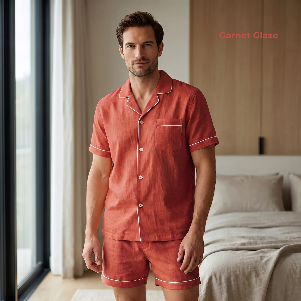 Men's Pure Linen Pajamas Short Sleeve Top & Shorts Set in Garnet Glaze – Theo by OrganoLinen
