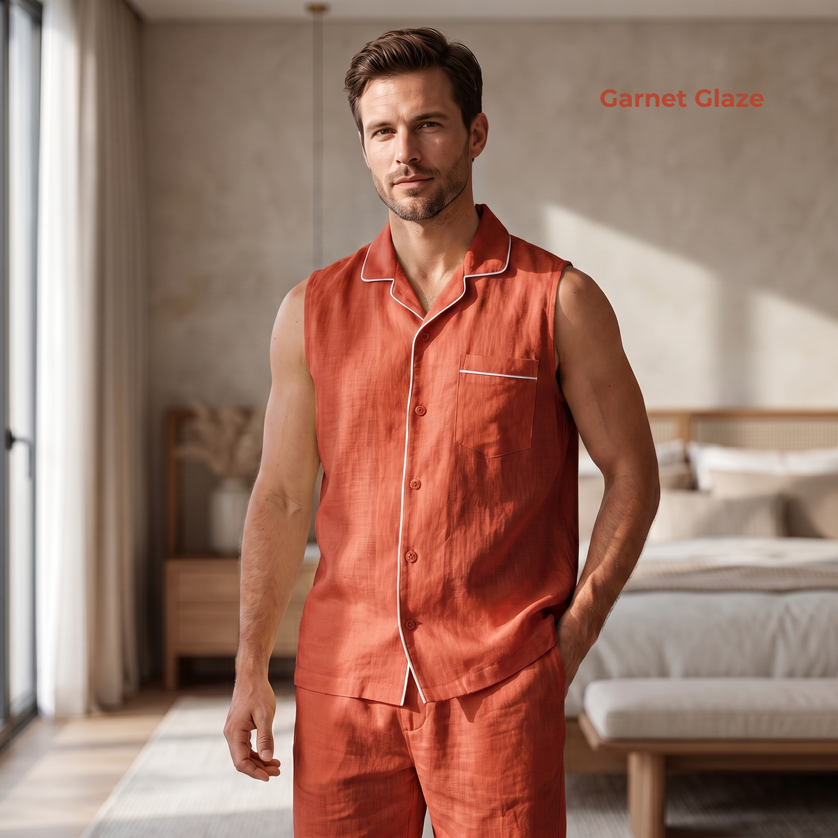 Men's Pure Linen Pajamas Sleeveless Top & Pants Set in Garnet Glaze – Elio by OrganoLinen
