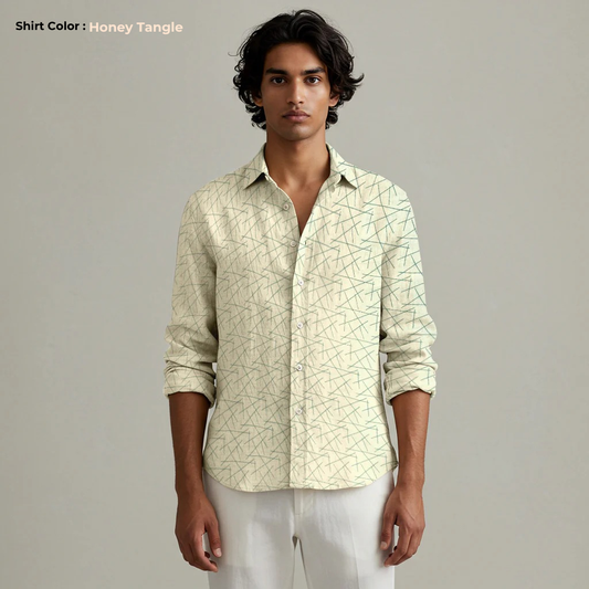 SUNSTROKE-MLS Men's Yellow Printed Linen Shirt – Long Sleeve, Custom Fit