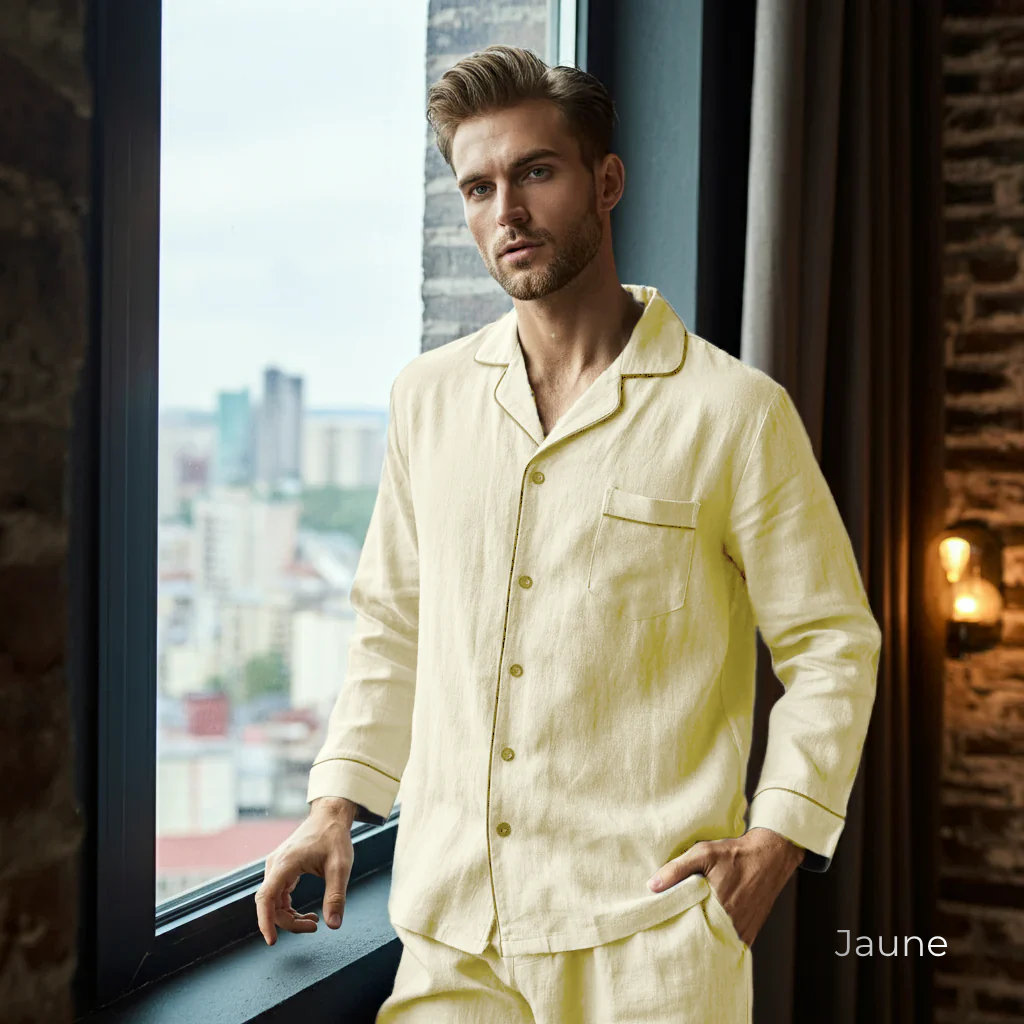Men's Pure Linen Pajamas Full Sleeve Top & Pants Set in Jaune – Milo by OrganoLinen
