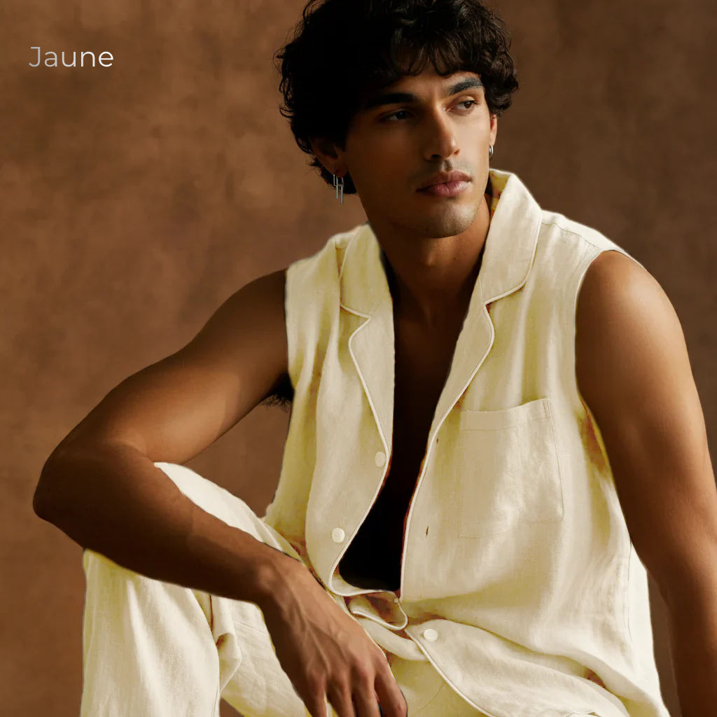 Men's Pure Linen Pajamas Sleeveless Top & Pants Set in Jaune – Elio by OrganoLinen