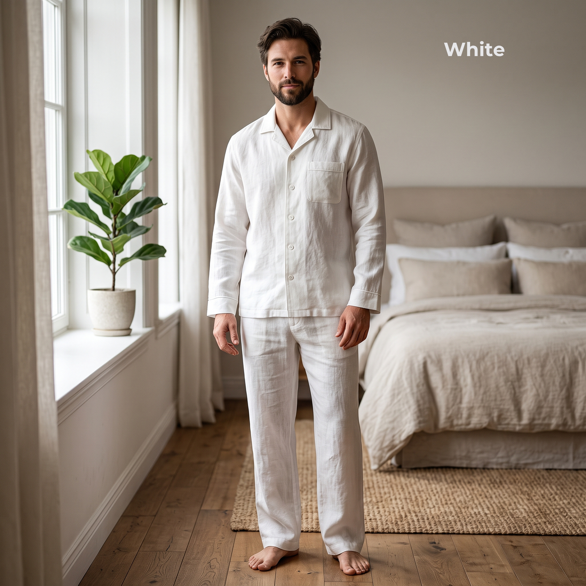 Men's Pure Linen Pajamas Full Sleeve Top & Pants Set in White Nexa – Milo by OrganoLinen