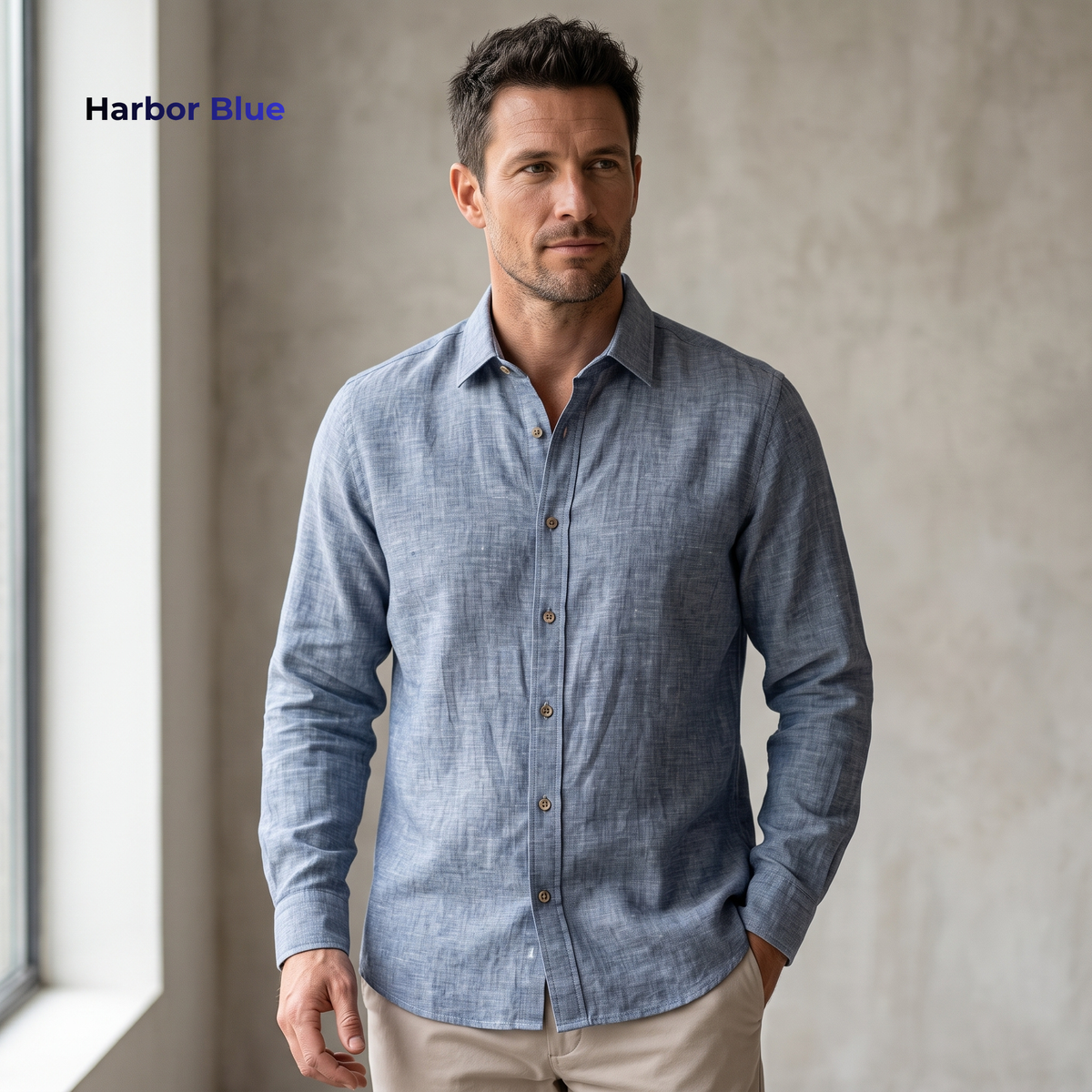HARBOR-MLS Men's Blue Linen Shirt – Long Sleeve, Custom Fit