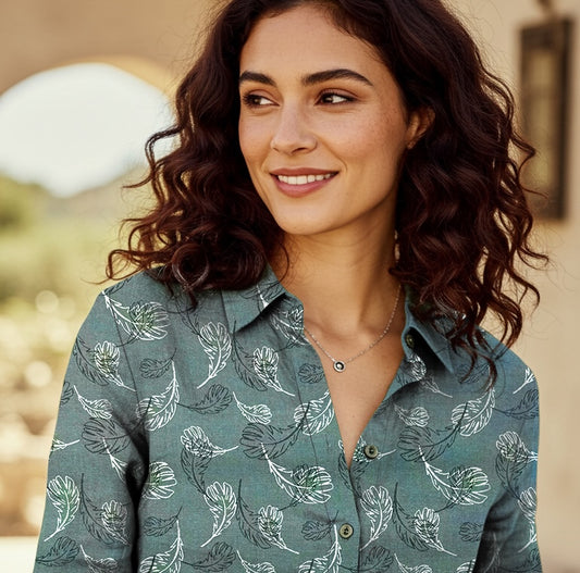 TEST1 FORESTWIND-WLS Women's Green Printed Linen Shirt – Long Sleeve, Custom Fit