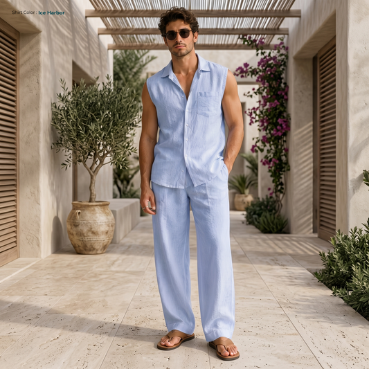 Man wearing OrganoLinen DRIFT men's pure linen sleeveless top and pants set in Ice Harbor.