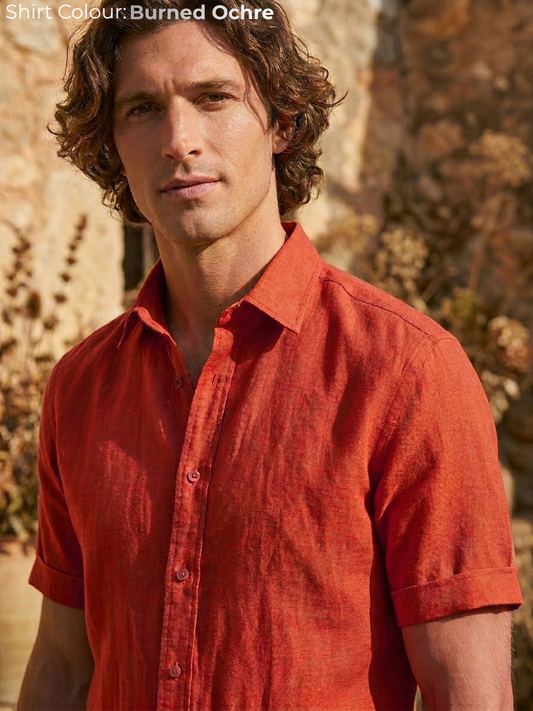 EMBER-MSS Men's Red Linen Shirt – Short Sleeve, Custom Fit