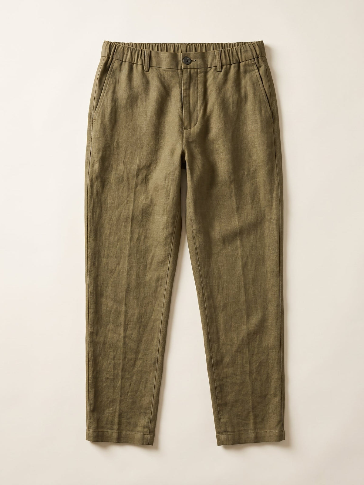 Men's linen pants in Olive Earth, flat lay – Echo by OrganoLinen