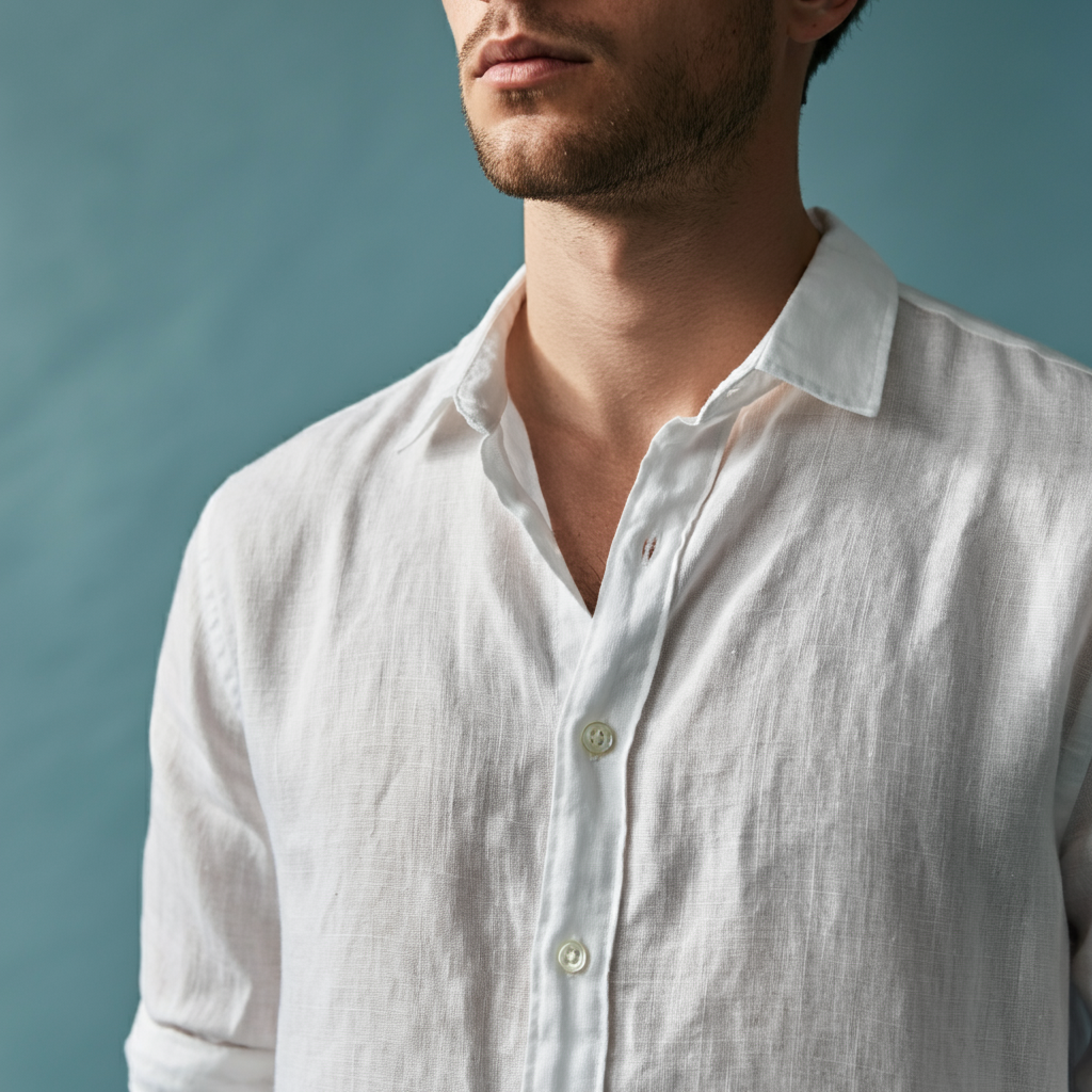 A man wearing a white full-sleeve button-up linen shirt.