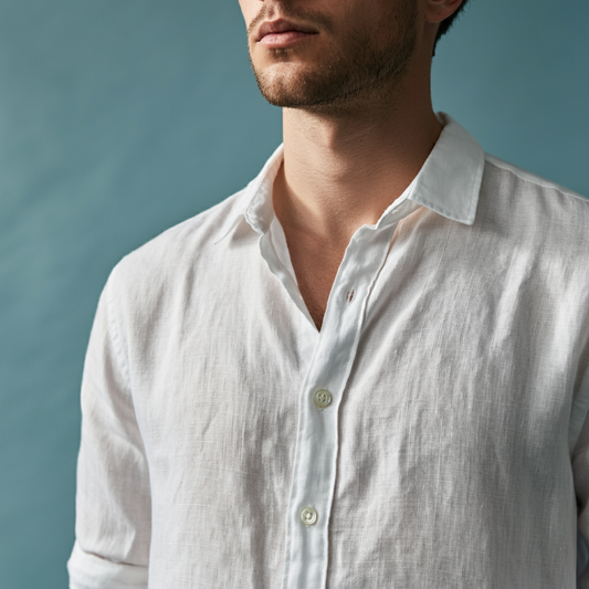 A man wearing a white full-sleeve button-up linen shirt.