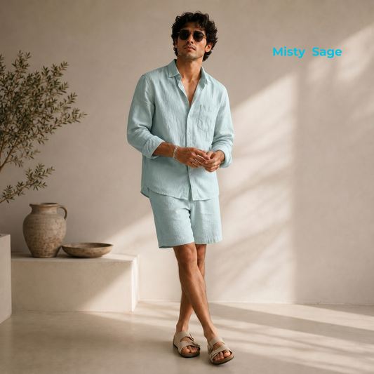 VALE Men's Pure Linen Set – Long Sleeve Shirt & Shorts Co-ord