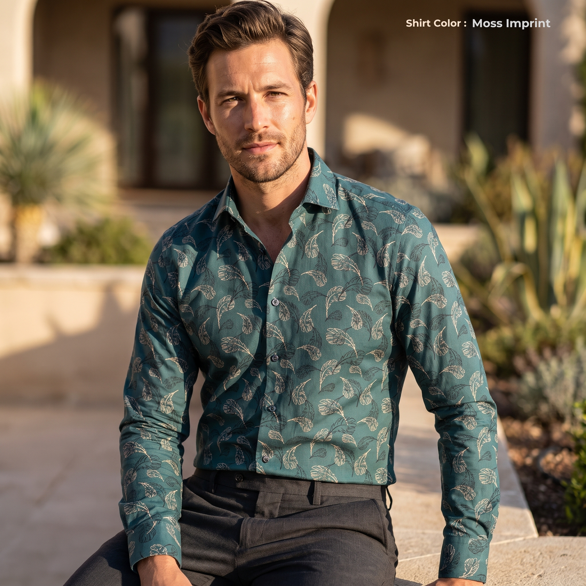 Men's Printed Linen Shirt in Moss Imprint – Forestwind by OrganoLinen