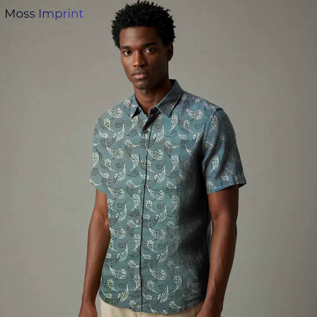 Men's Printed Linen Shirt in Moss Imprint – Forestwind by OrganoLinen