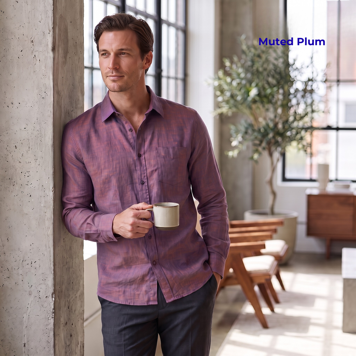 Men's Linen Shirt in Deep Bordeaux 1 – Raven by OrganoLinen