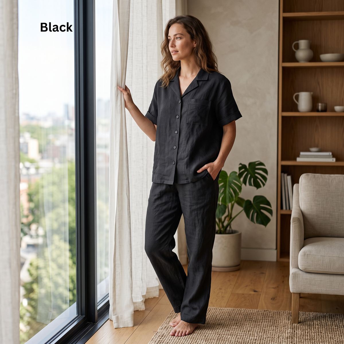 Women's Pure Linen Pajamas Short Sleeve Top & Pants Set in Black Nexa – Nola by OrganoLinen