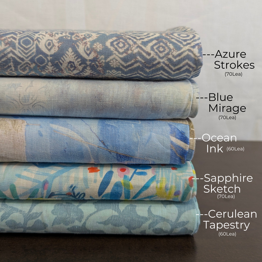 Pure Linen Printed Fabrics | Blue Base
