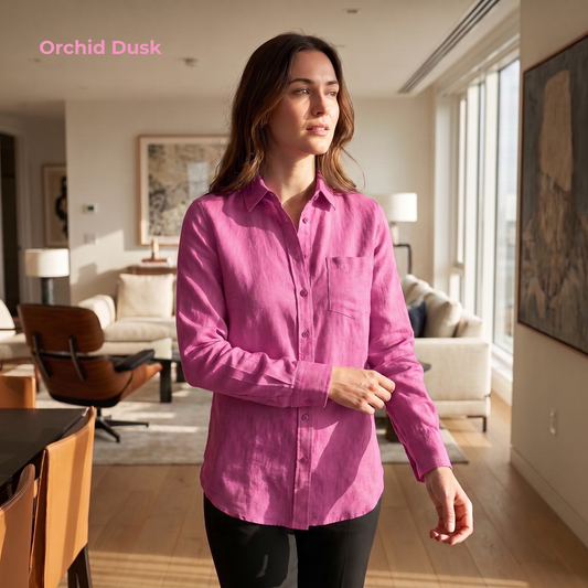 AUTUMN-WLS Women's Pink Linen Shirt – Long Sleeve, Custom Fit