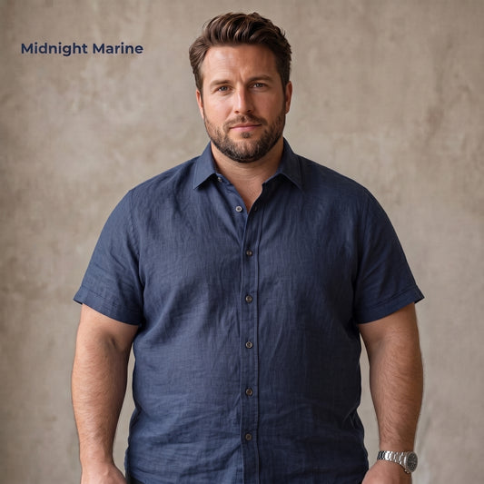 HARBOR-PMSS Men's Blue Linen Shirt – Short Sleeve, Custom Fit