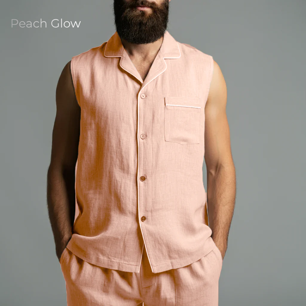Men's Pure Linen Pajamas Sleeveless Top & Pants Set in Peach Glow – Elio by OrganoLinen