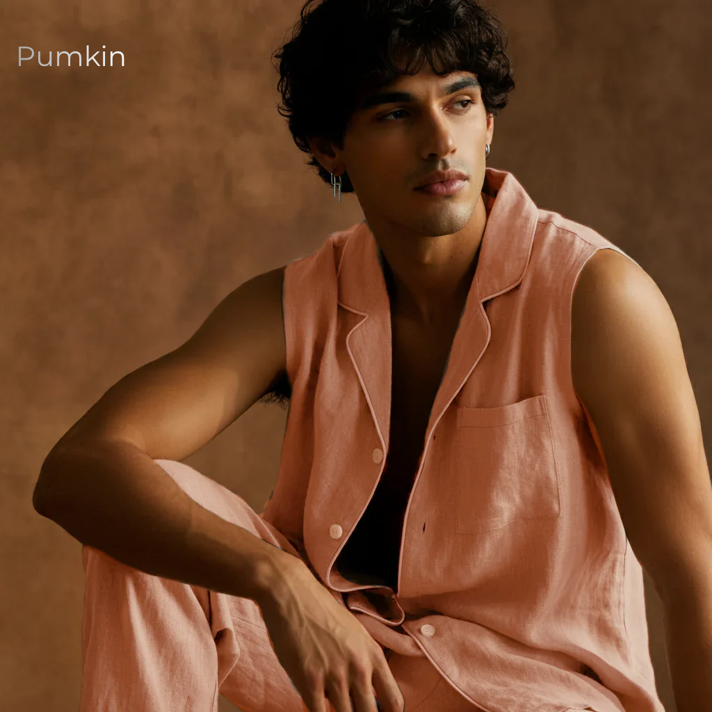 Men's Pure Linen Pajamas Sleeveless Top & Pants Set in Pumpkin – Elio by OrganoLinen