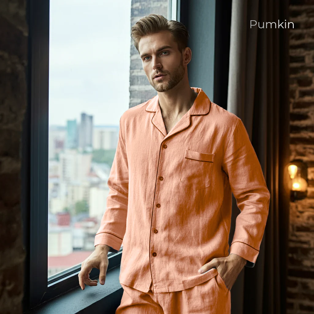 Men's Pure Linen Pajamas Full Sleeve Top & Pants Set in Pumpkin – Milo by OrganoLinen