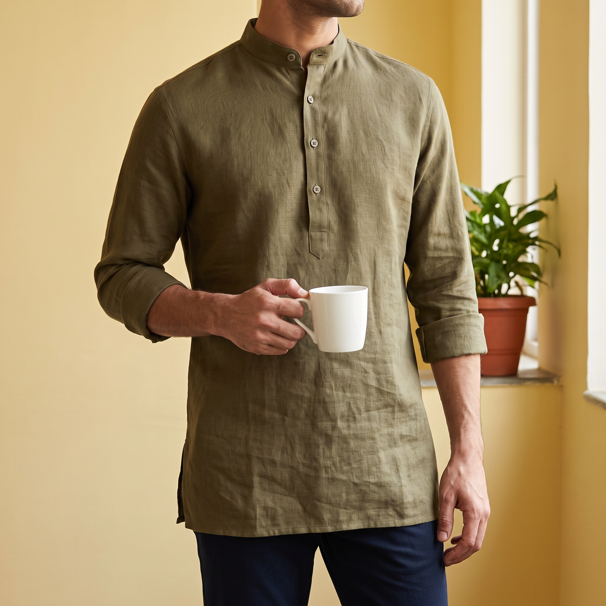 RAMY men's long-sleeve linen kurta in Olive Earth