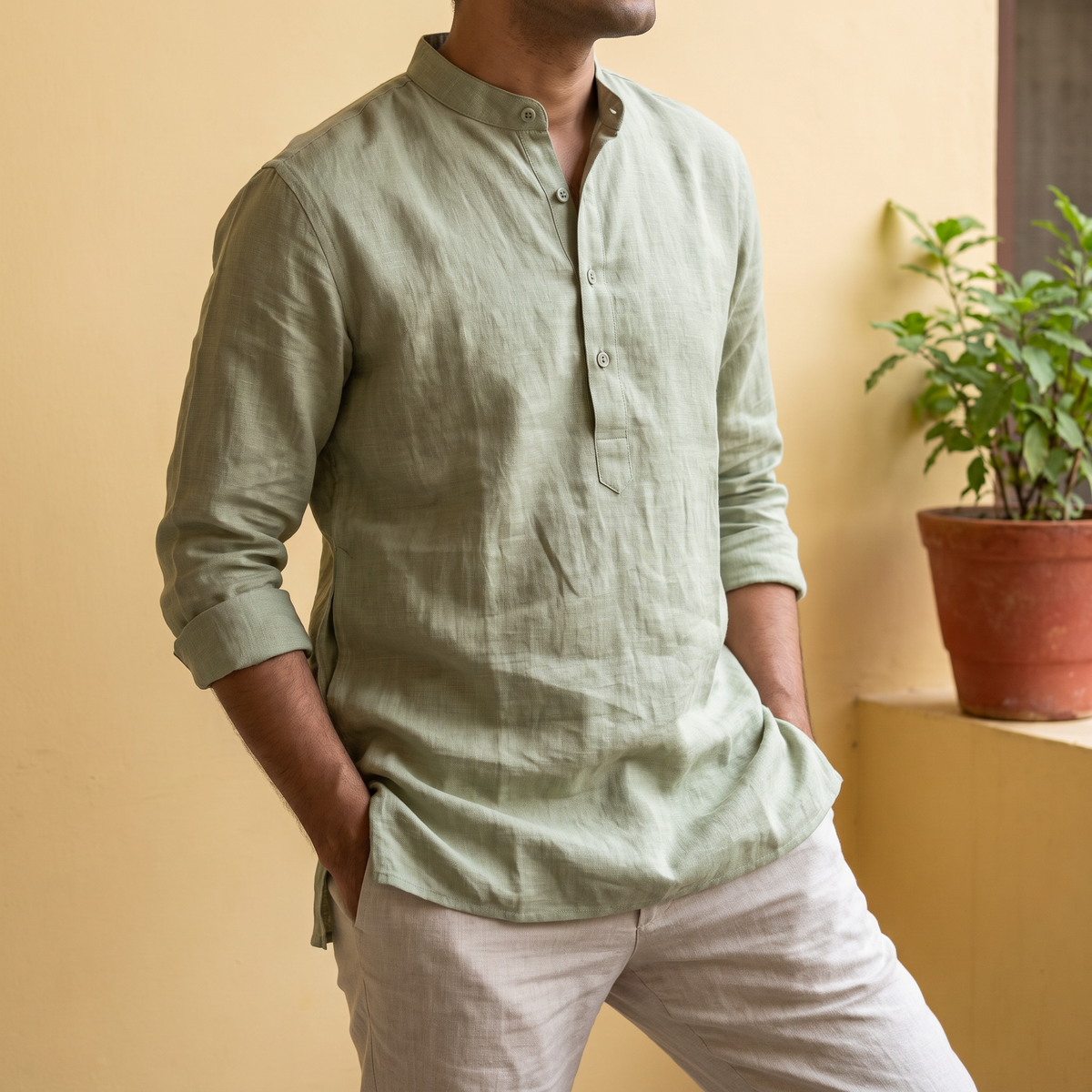 RAMY men's long-sleeve linen kurta in Pistachio Mist