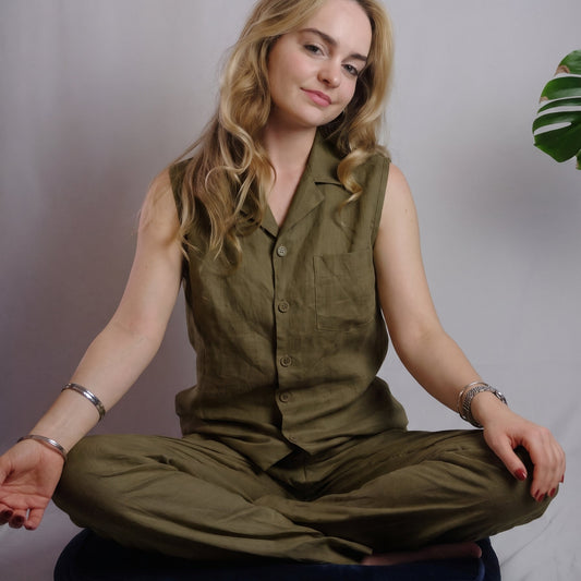 KAIA women's sleeveless linen pajama set with pants – OrganoLinen