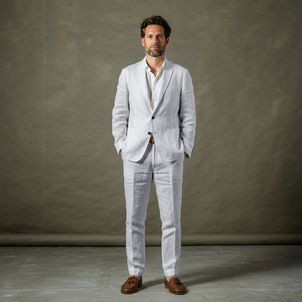 BLANC Men's White Linen Suit Unlined 2-Piece Custom BLANC Men's White Linen Suit Unlined 2-Piece Custom