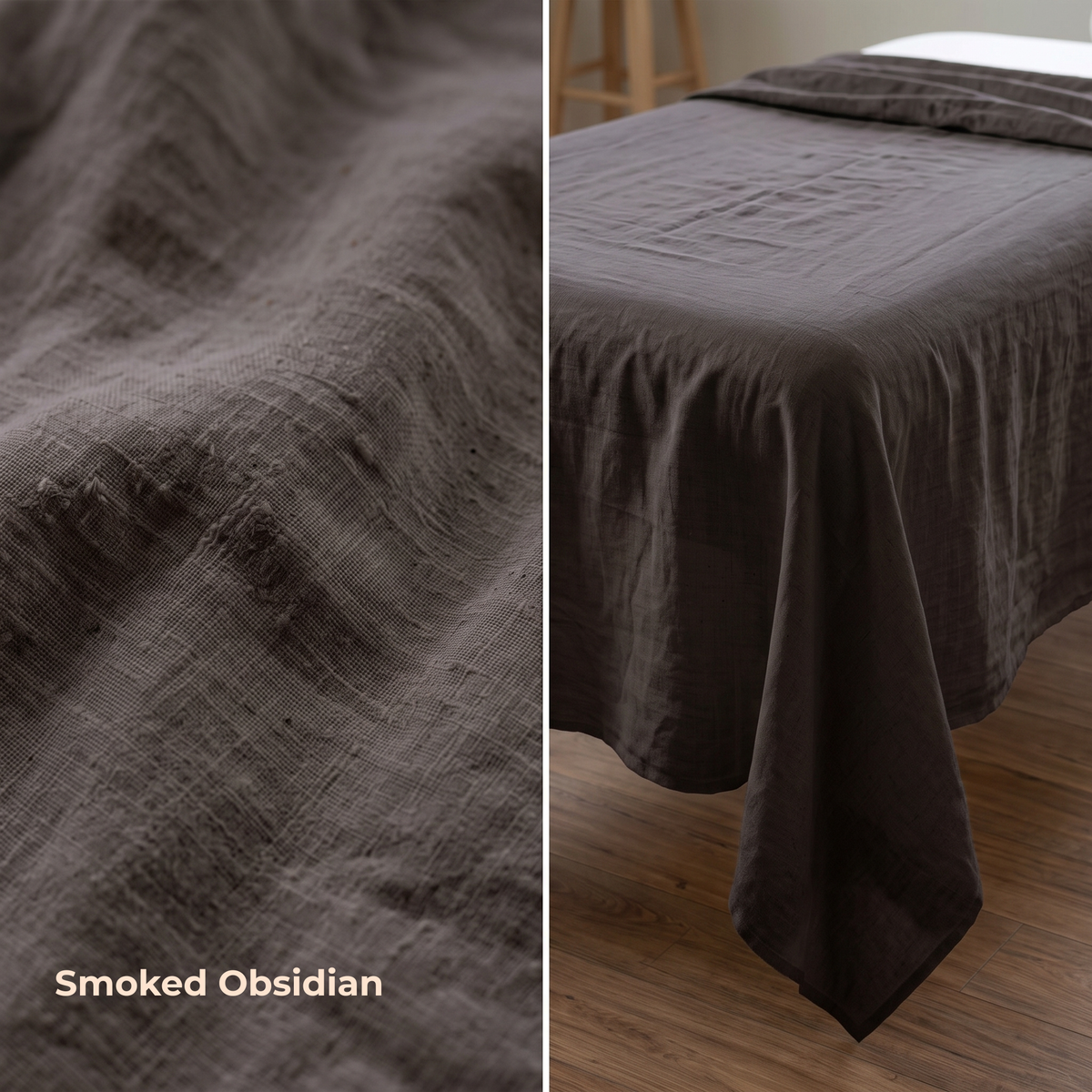 A dark brown linen sheet or bedspread shown draped over a bed in a bedroom setting, with a close-up fabric texture panel on the left. Text on the left reads 'Smoked Obsidian'.