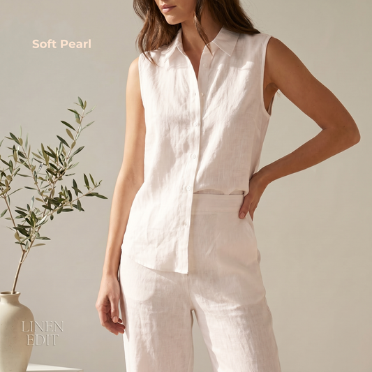 ELARA Women's Pure Linen Set – Sleeveless Top & Pants Co-ord